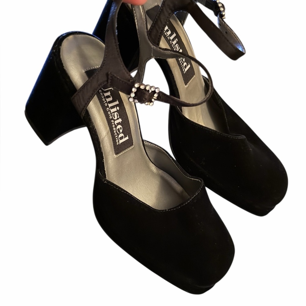 Unlisted•Black Block Heel Velvet Shoes Rhinestone Accent Buckle - Picture 2 of 8